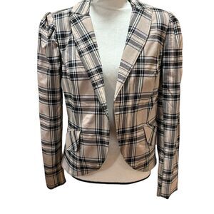 Rachel Zoe Plaid Blazer Boho Preppy Boxy Tan Black Cropped 1 Button Lined Small